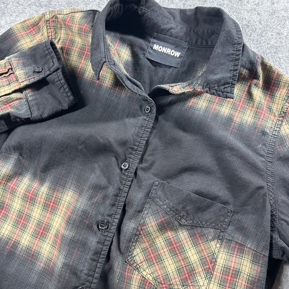 MONROW Button Up Shirt Womens Small Black Plaid Ombre Long Sleeve Grunge